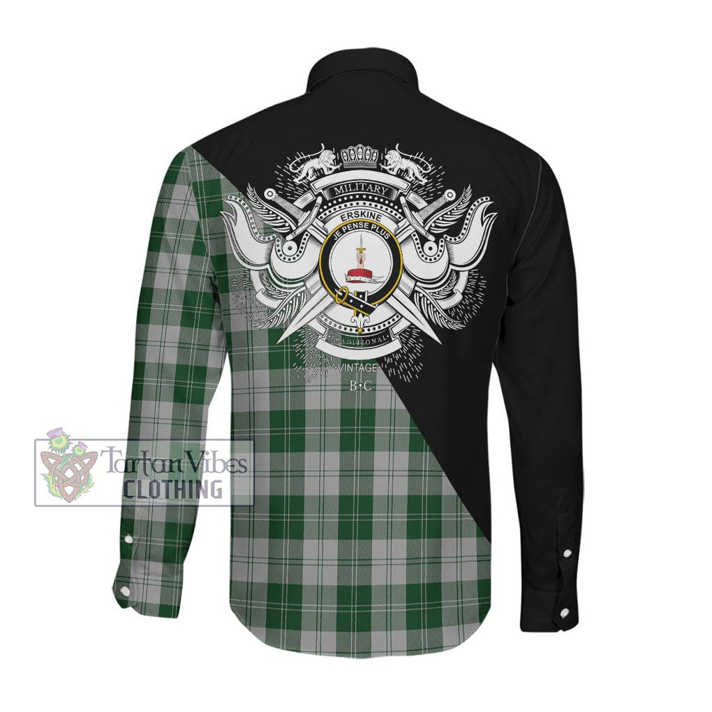 Erskine Green Tartan Long Sleeve Button Shirt with Family Crest and Military Logo Style Men's Shirt - Tartanvibesclothing Shop