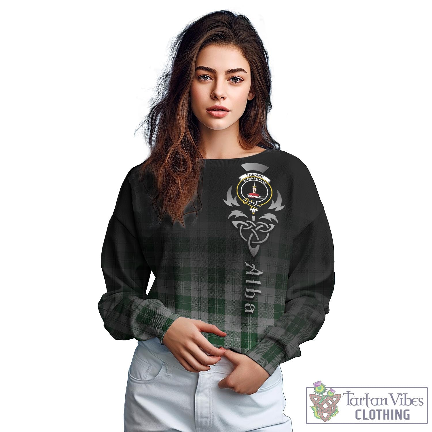 Tartan Vibes Clothing Erskine Green Tartan Sweatshirt Featuring Alba Gu Brath Family Crest Celtic Inspired