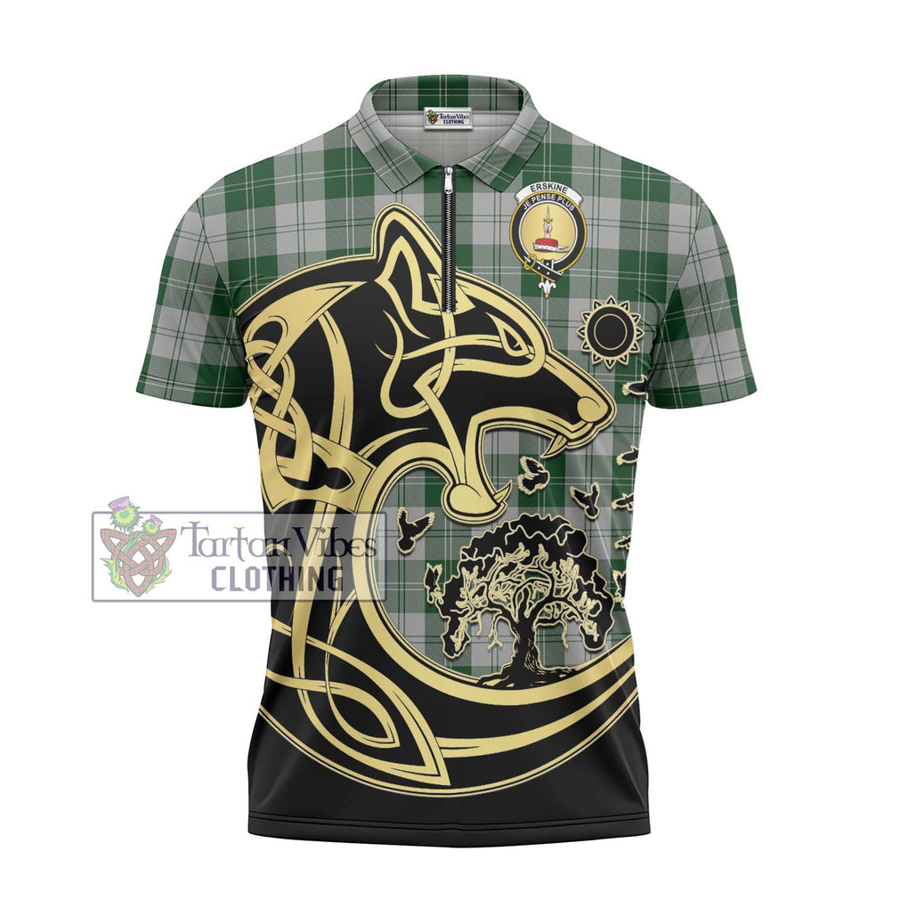 Erskine Green Tartan Zipper Polo Shirt with Family Crest Celtic Wolf Style - Tartanvibesclothing Shop