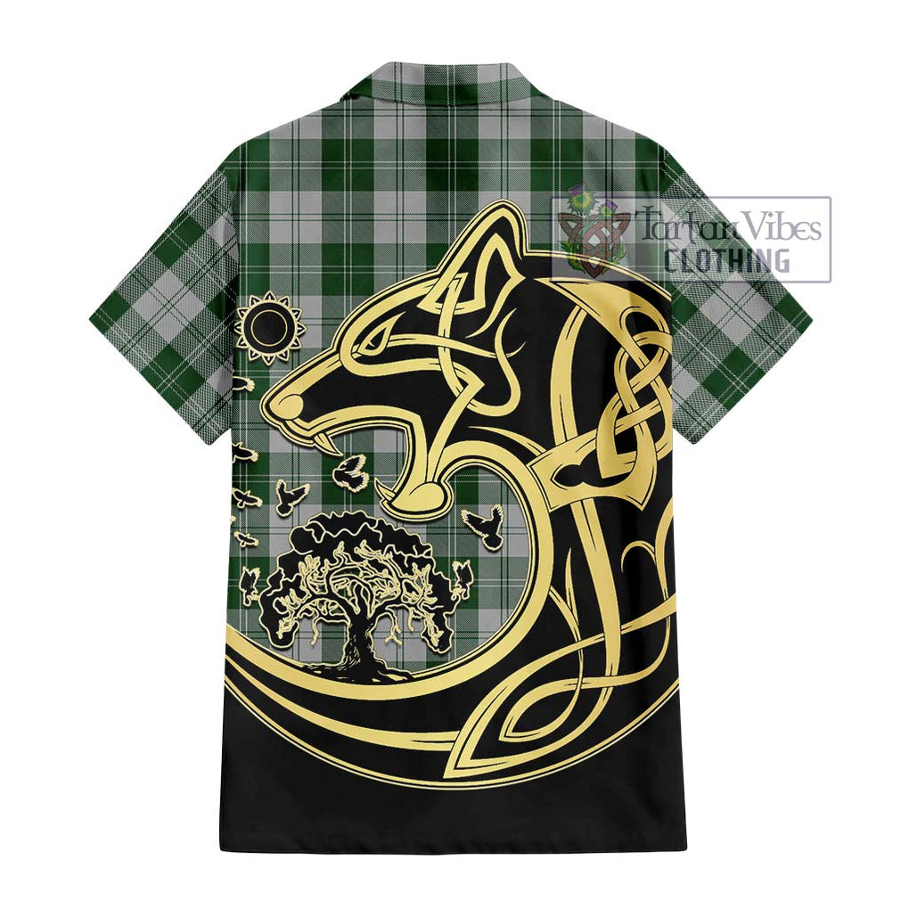 Erskine Green Tartan Short Sleeve Button Shirt with Family Crest Celtic Wolf Style - Tartan Vibes Clothing