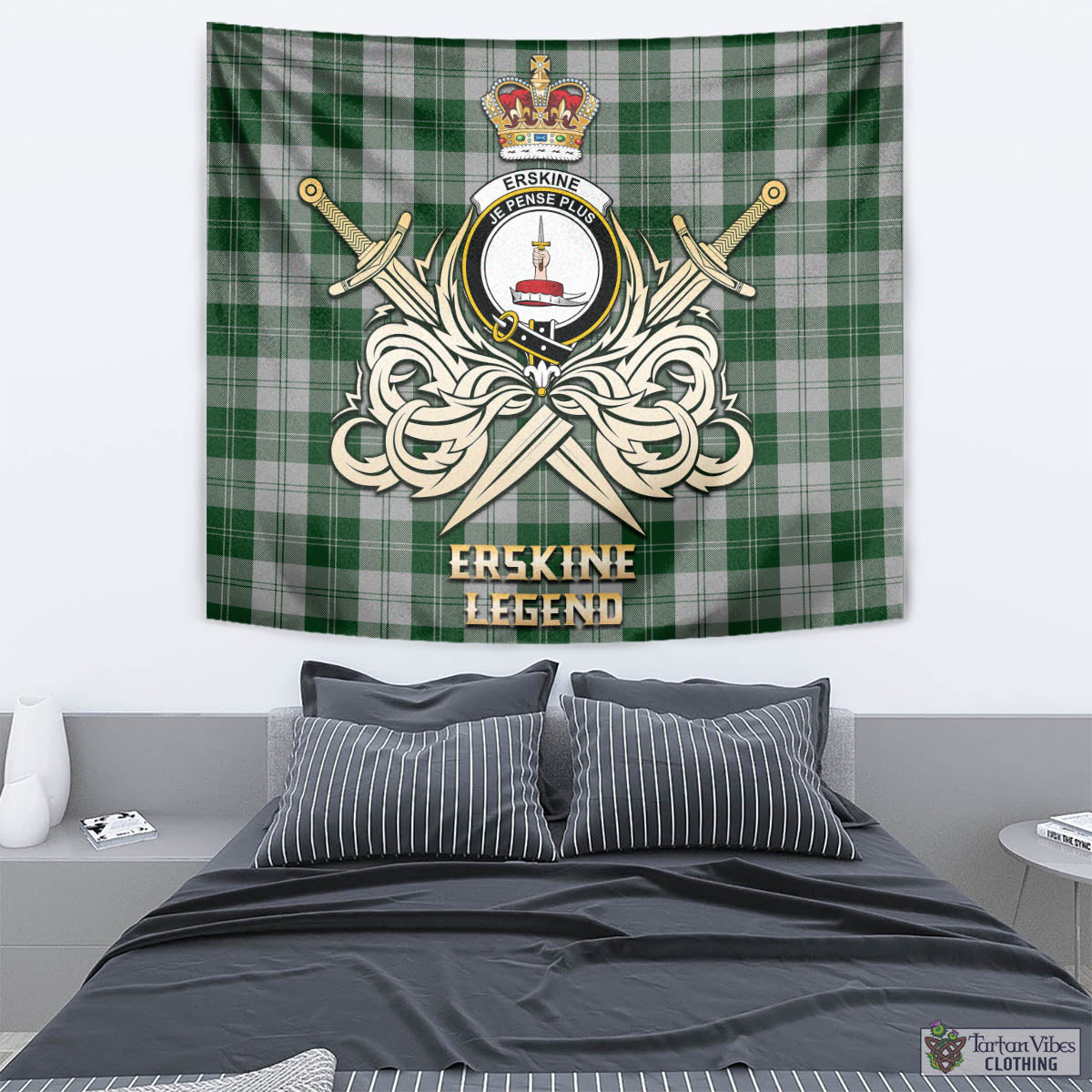 Tartan Vibes Clothing Erskine Green Tartan Tapestry with Clan Crest and the Golden Sword of Courageous Legacy