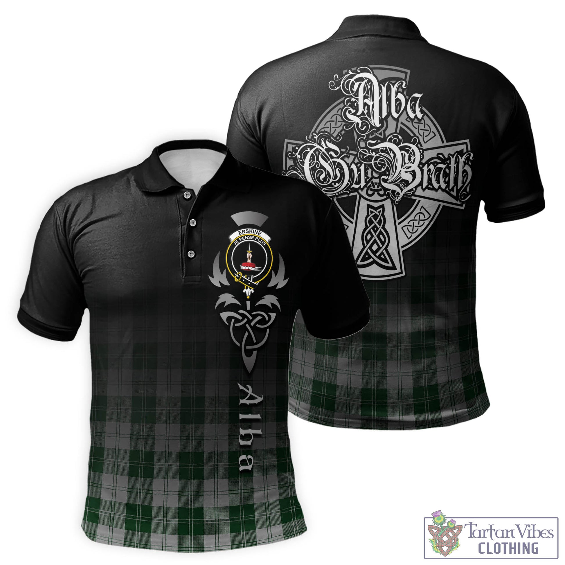 Tartan Vibes Clothing Erskine Green Tartan Polo Shirt Featuring Alba Gu Brath Family Crest Celtic Inspired