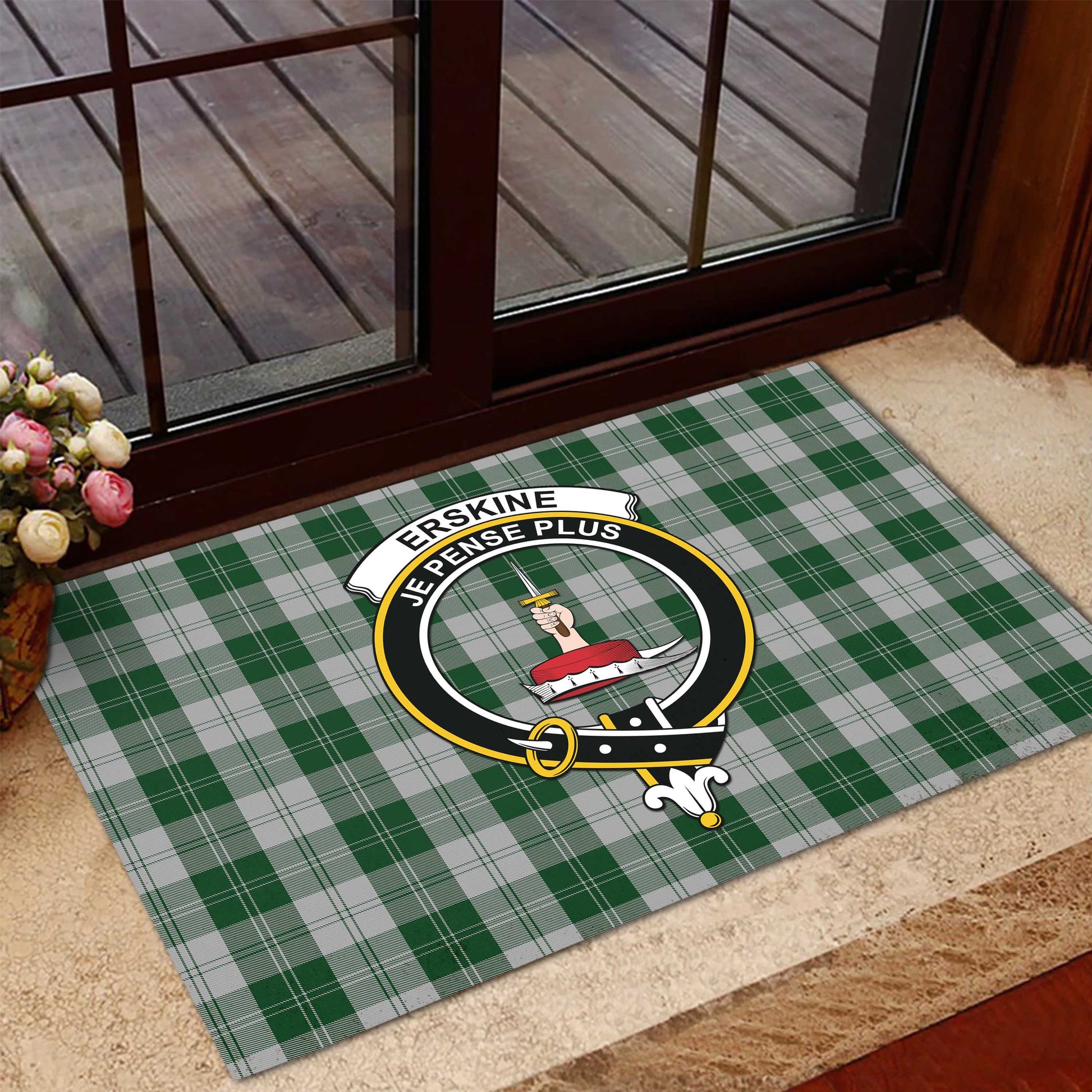 Erskine Green Tartan Door Mat with Family Crest - Tartanvibesclothing