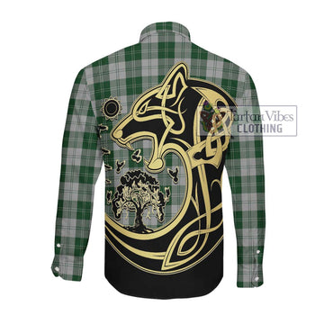 Erskine Green Tartan Long Sleeve Button Shirt with Family Crest Celtic Wolf Style