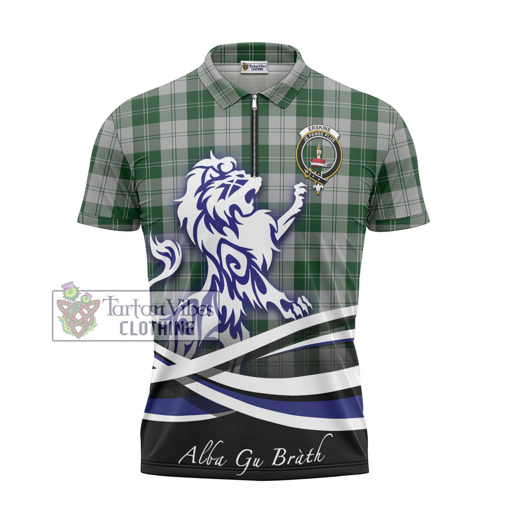 Erskine Green Tartan Zipper Polo Shirt with Alba Gu Brath Regal Lion Emblem - Tartanvibesclothing Shop