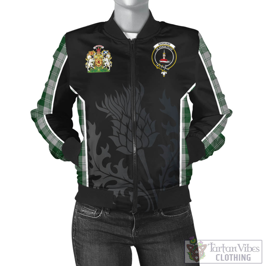 Tartan Vibes Clothing Erskine Green Tartan Bomber Jacket with Family Crest and Scottish Thistle Vibes Sport Style