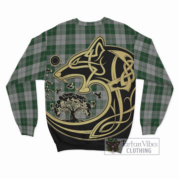 Erskine Green Tartan Sweatshirt with Family Crest Celtic Wolf Style