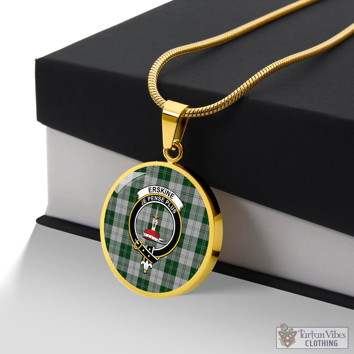 Tartan Vibes Clothing Erskine Green Tartan Circle Necklace with Family Crest