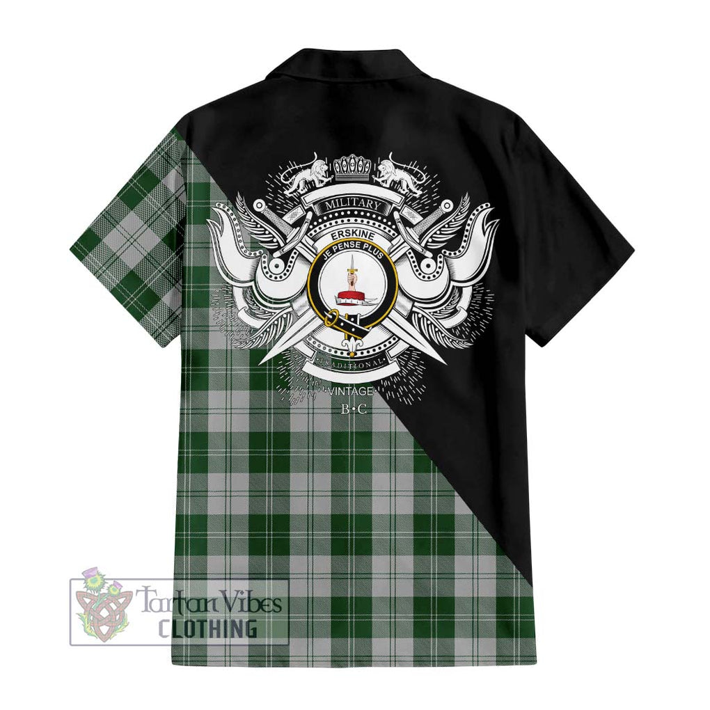 Erskine Green Tartan Short Sleeve Button Shirt with Family Crest and Military Logo Style - Tartanvibesclothing Shop