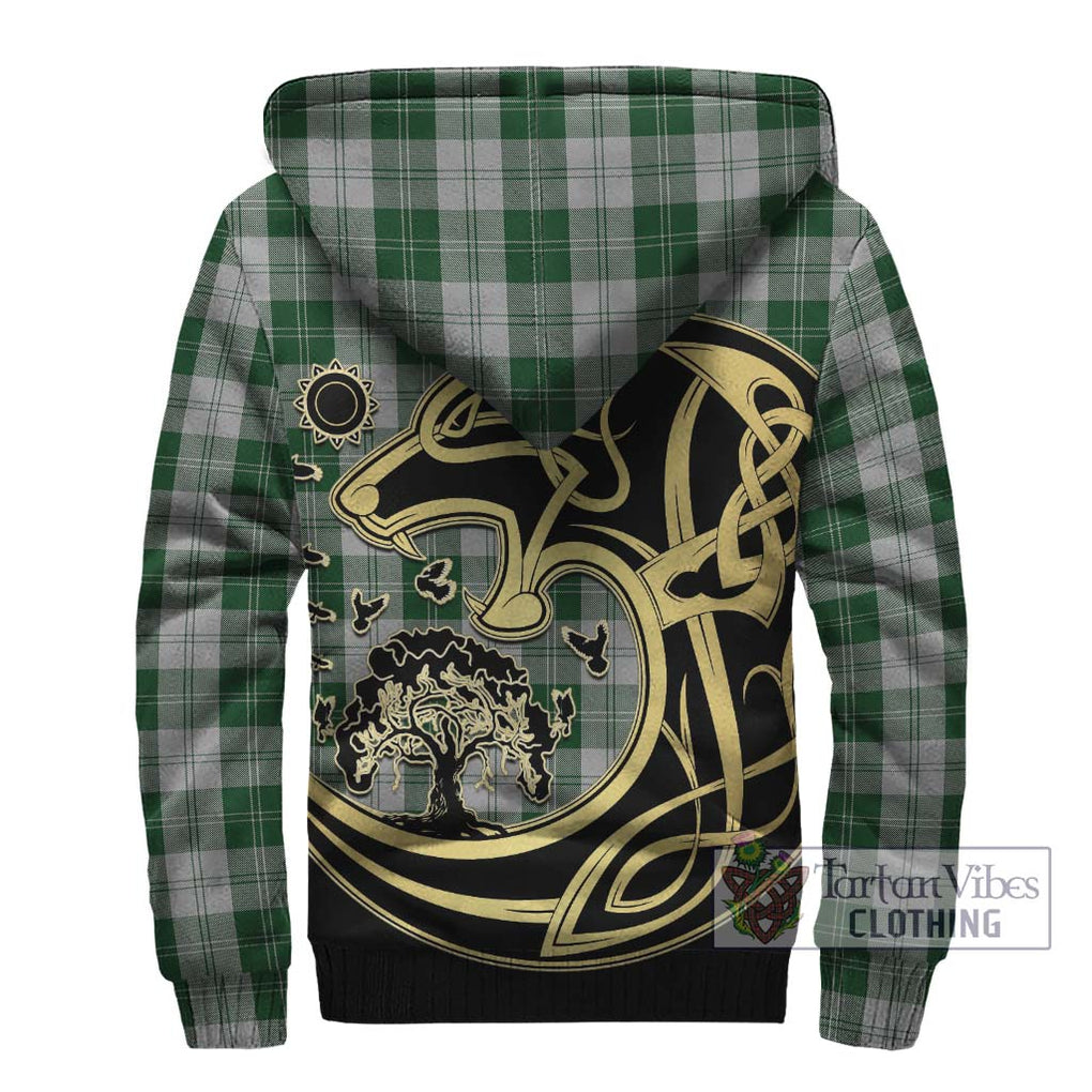 Erskine Green Tartan Sherpa Hoodie with Family Crest Celtic Wolf Style - Tartan Vibes Clothing