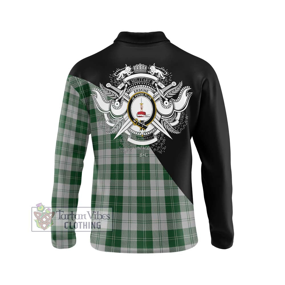 Erskine Green Tartan Long Sleeve Polo Shirt with Family Crest and Military Logo Style - Tartanvibesclothing Shop