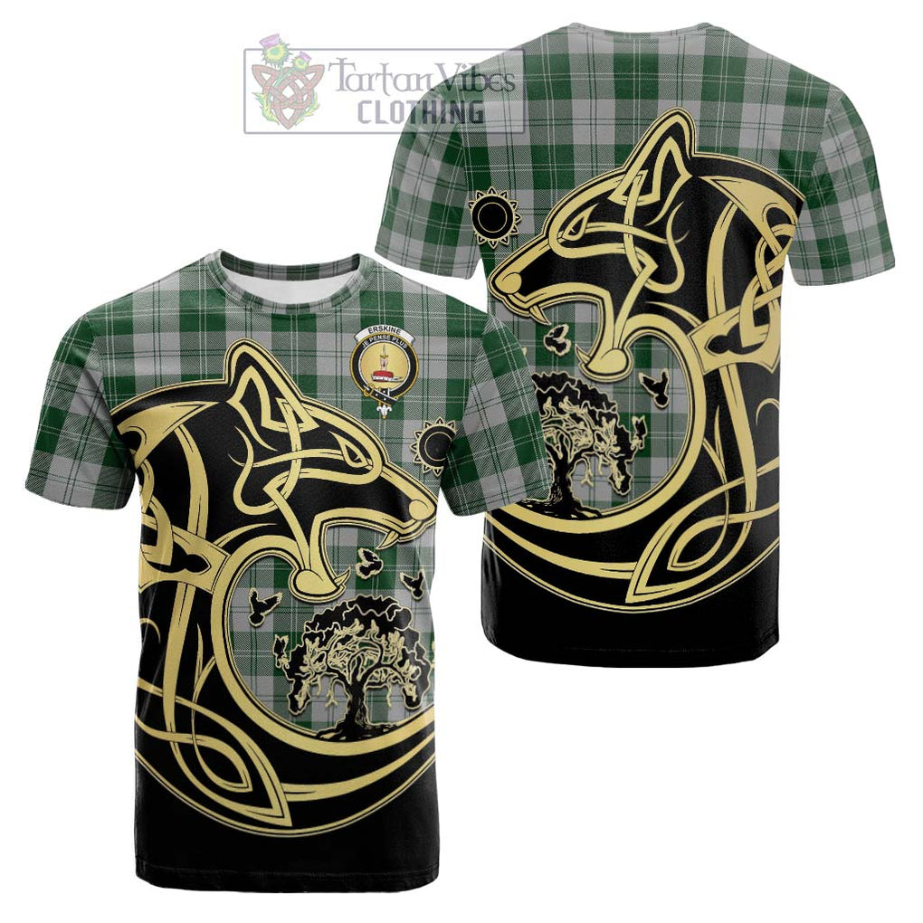 Tartan Vibes Clothing Erskine Green Tartan Cotton T-shirt with Family Crest Celtic Wolf Style