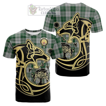 Erskine Green Tartan Cotton T-shirt with Family Crest Celtic Wolf Style