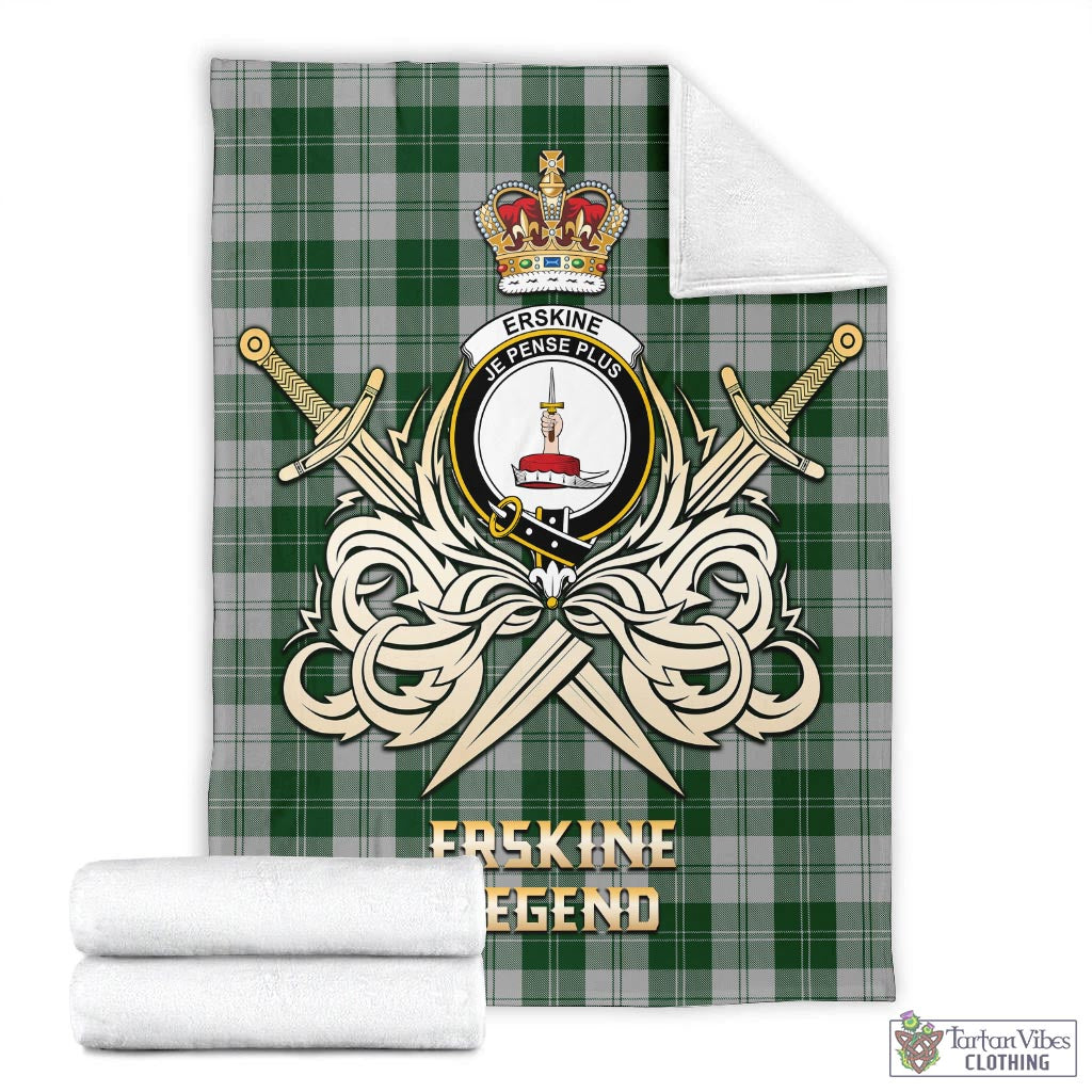 Tartan Vibes Clothing Erskine Green Tartan Blanket with Clan Crest and the Golden Sword of Courageous Legacy