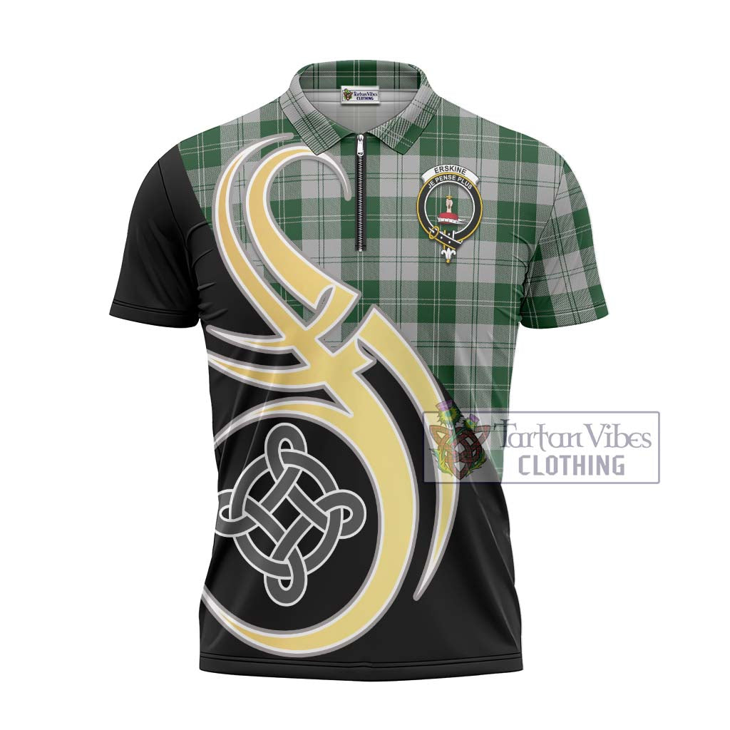 Tartan Vibes Clothing Erskine Green Tartan Zipper Polo Shirt with Family Crest and Celtic Symbol Style