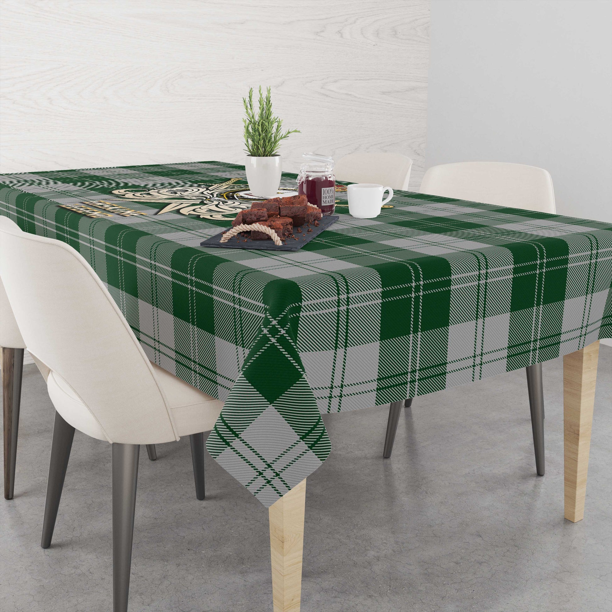 Tartan Vibes Clothing Erskine Green Tartan Tablecloth with Clan Crest and the Golden Sword of Courageous Legacy