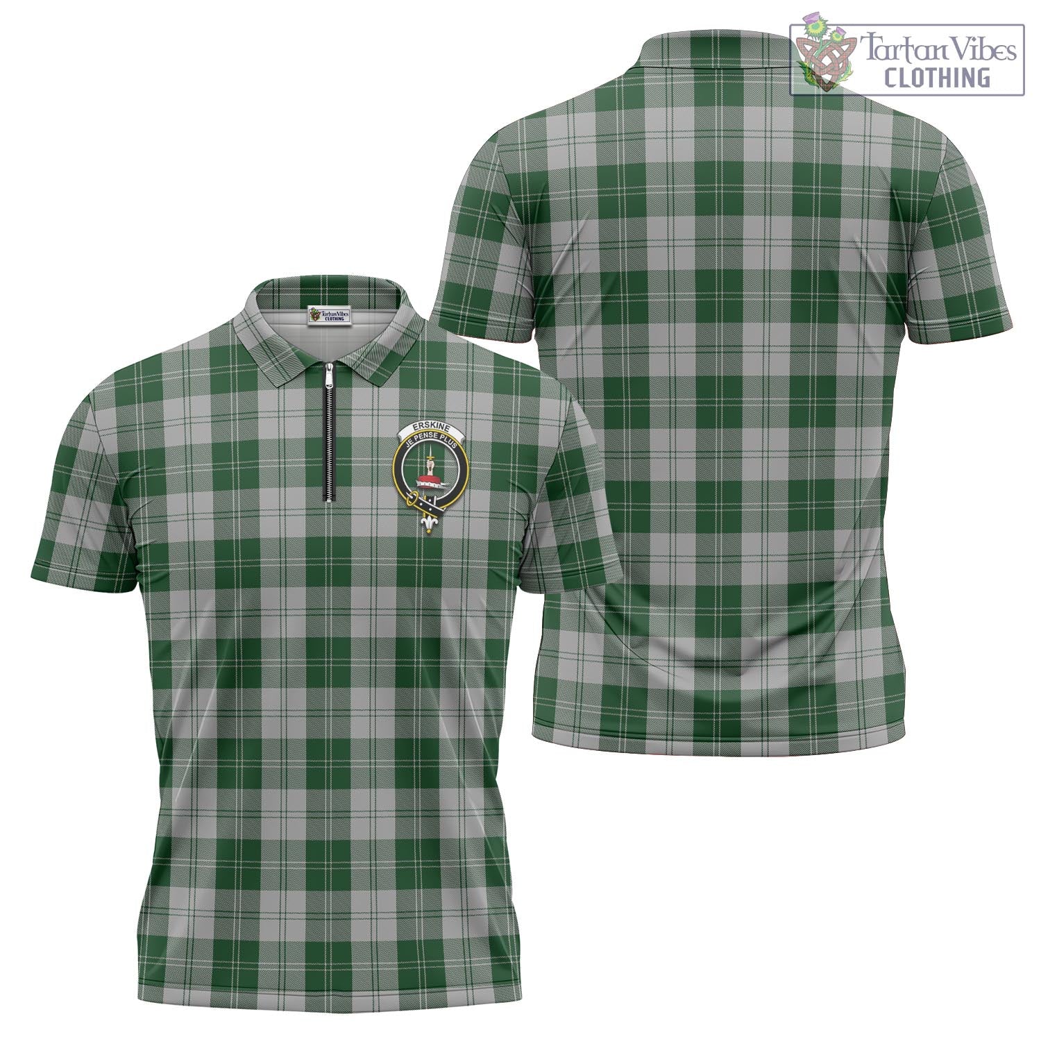 Tartan Vibes Clothing Erskine Green Tartan Zipper Polo Shirt with Family Crest