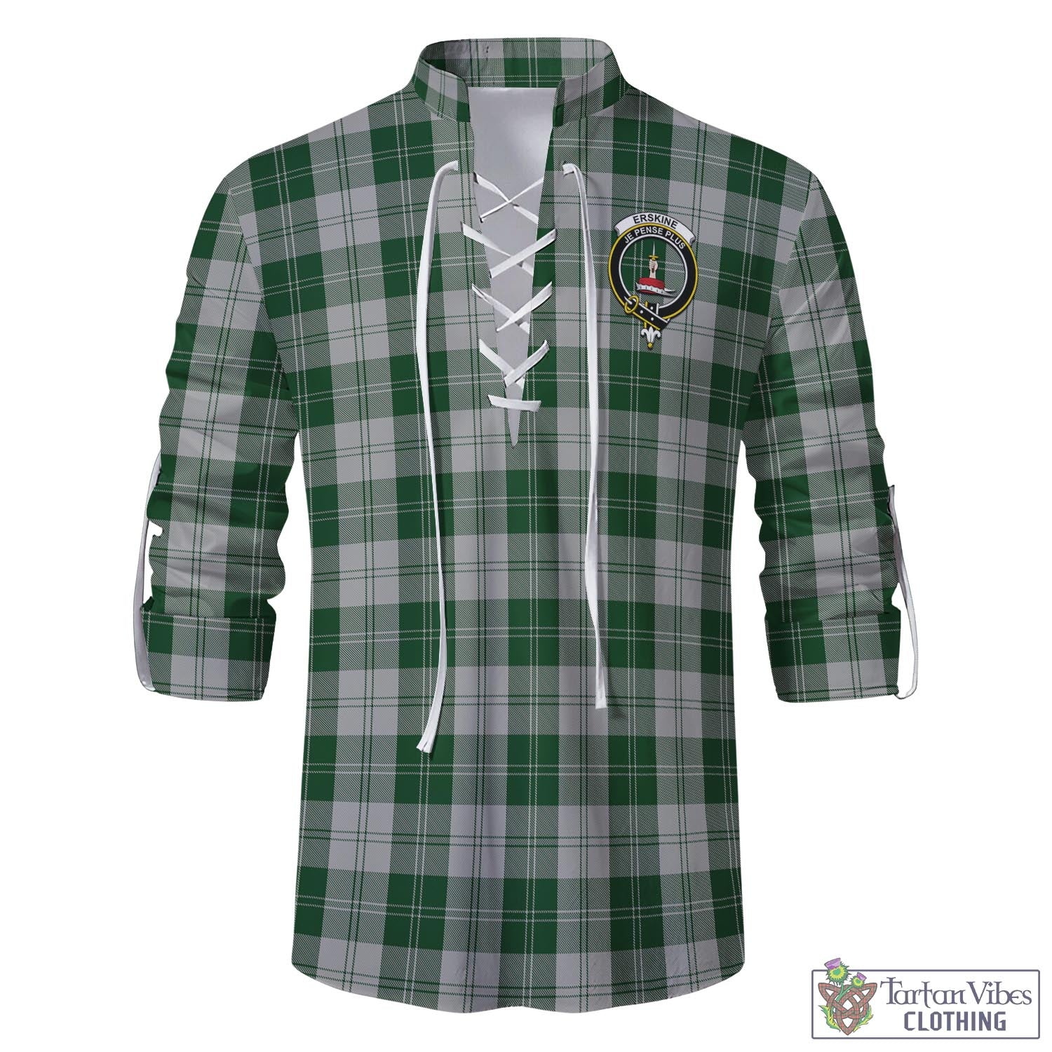 Tartan Vibes Clothing Erskine Green Tartan Men's Scottish Traditional Jacobite Ghillie Kilt Shirt with Family Crest