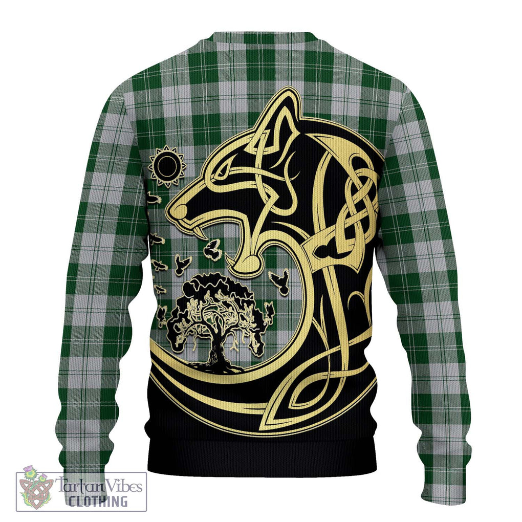 Erskine Green Tartan Knitted Sweater with Family Crest Celtic Wolf Style - Tartan Vibes Clothing