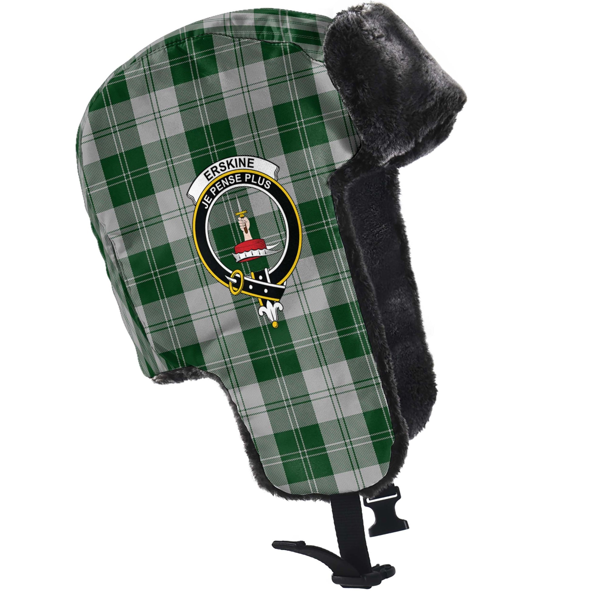 Erskine Green Tartan Winter Trapper Hat with Family Crest - Tartanvibesclothing