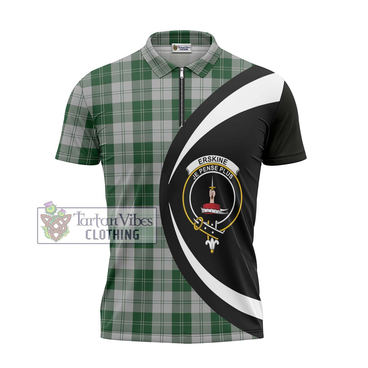 Tartan Vibes Clothing Erskine Green Tartan Zipper Polo Shirt with Family Crest Circle Style