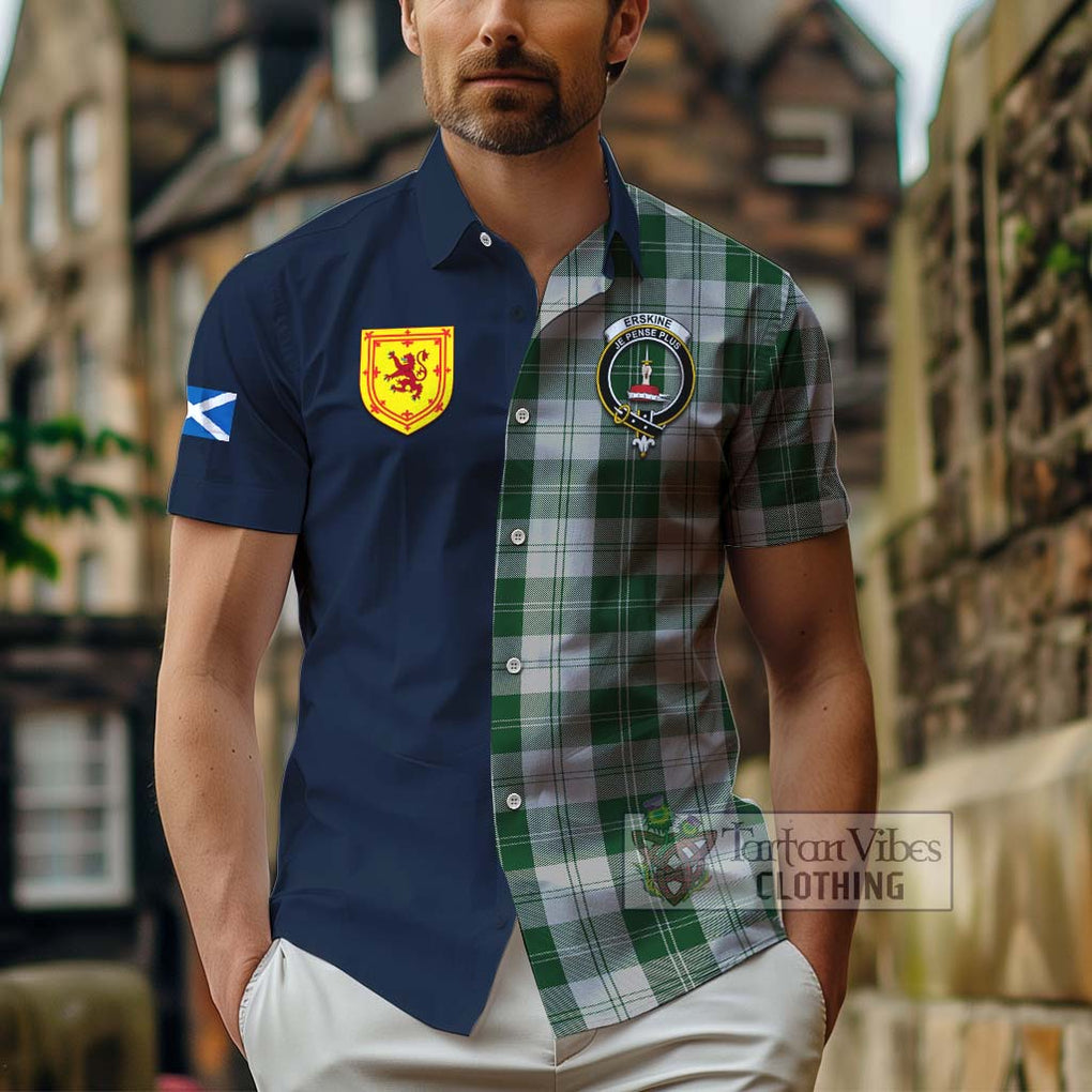 Tartan Vibes Clothing Erskine Green Tartan Short Sleeve Button Shirt with Scottish Lion Royal Arm Half Style