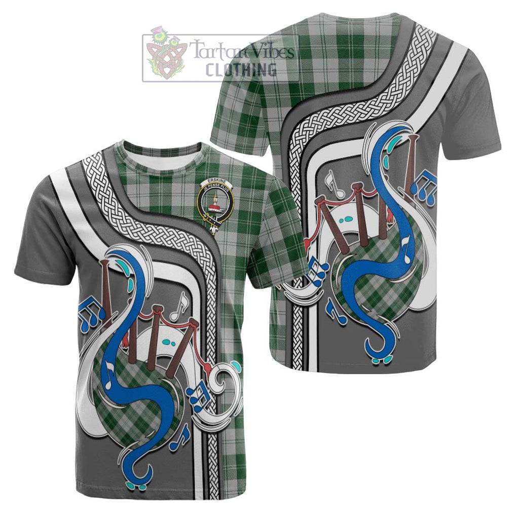 Tartan Vibes Clothing Erskine Green Tartan Cotton T-shirt with Epic Bagpipe Style