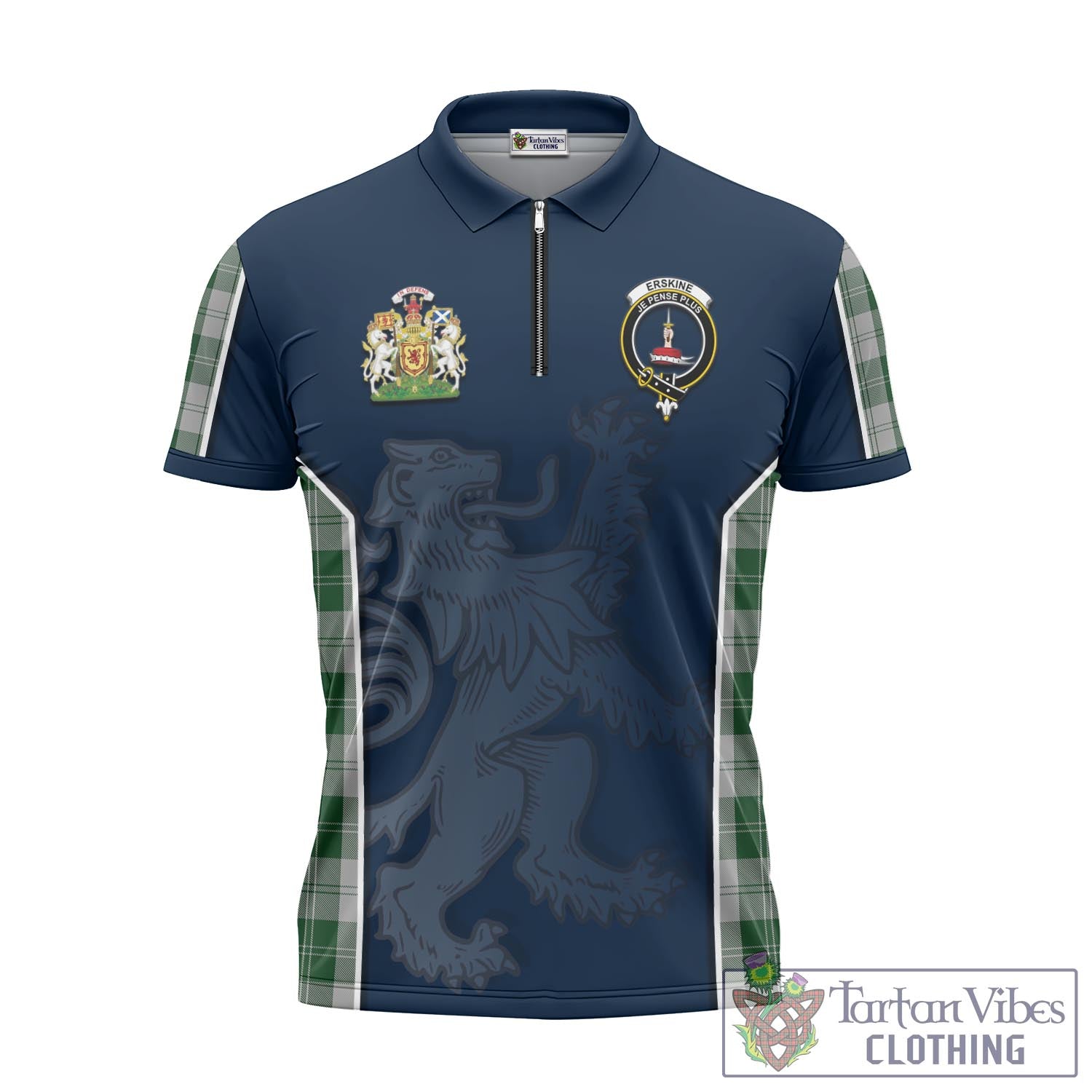 Tartan Vibes Clothing Erskine Green Tartan Zipper Polo Shirt with Family Crest and Lion Rampant Vibes Sport Style