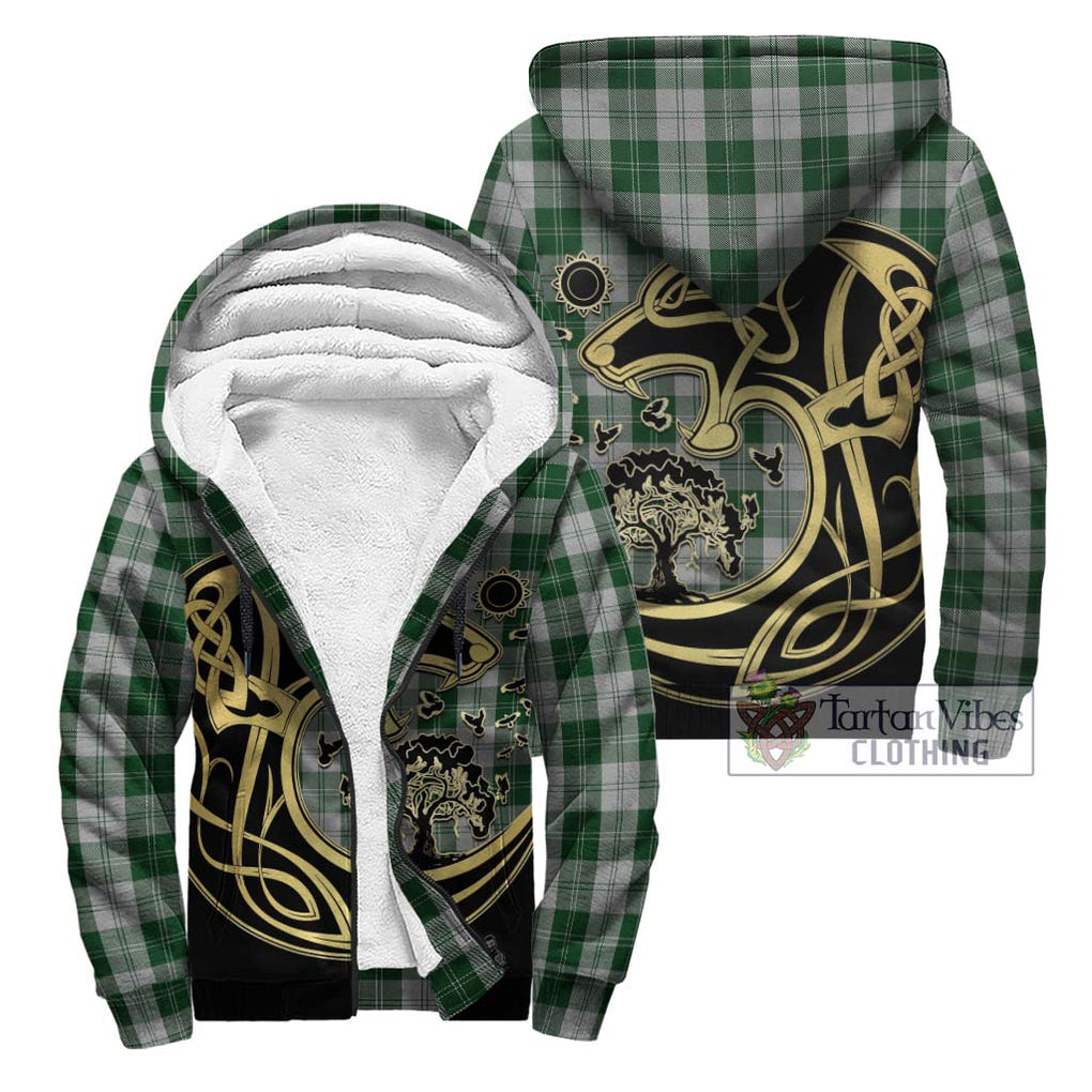 Erskine Green Tartan Sherpa Hoodie with Family Crest Celtic Wolf Style Unisex - Tartan Vibes Clothing