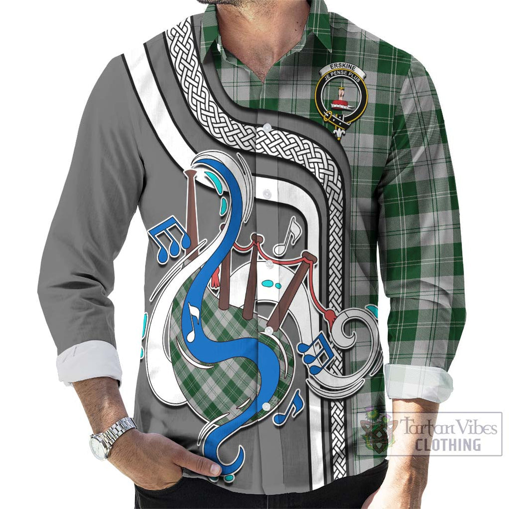 Erskine Green Tartan Long Sleeve Button Shirt with Epic Bagpipe Style - Tartanvibesclothing Shop