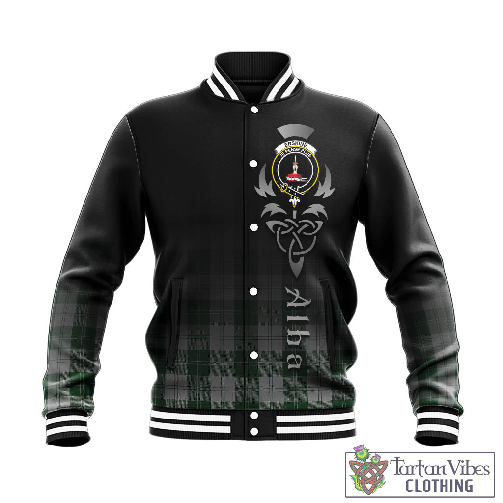 Tartan Vibes Clothing Erskine Green Tartan Baseball Jacket Featuring Alba Gu Brath Family Crest Celtic Inspired