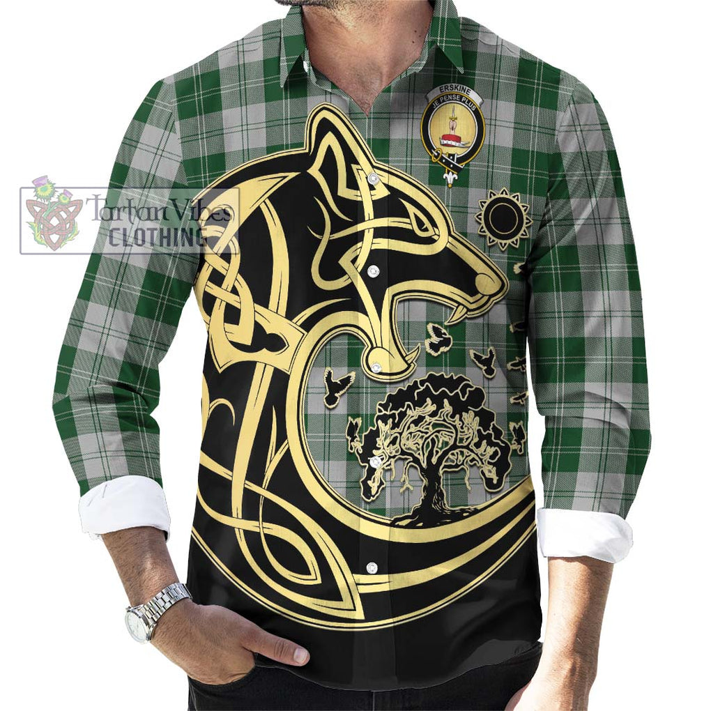 Erskine Green Tartan Long Sleeve Button Shirt with Family Crest Celtic Wolf Style - Tartan Vibes Clothing