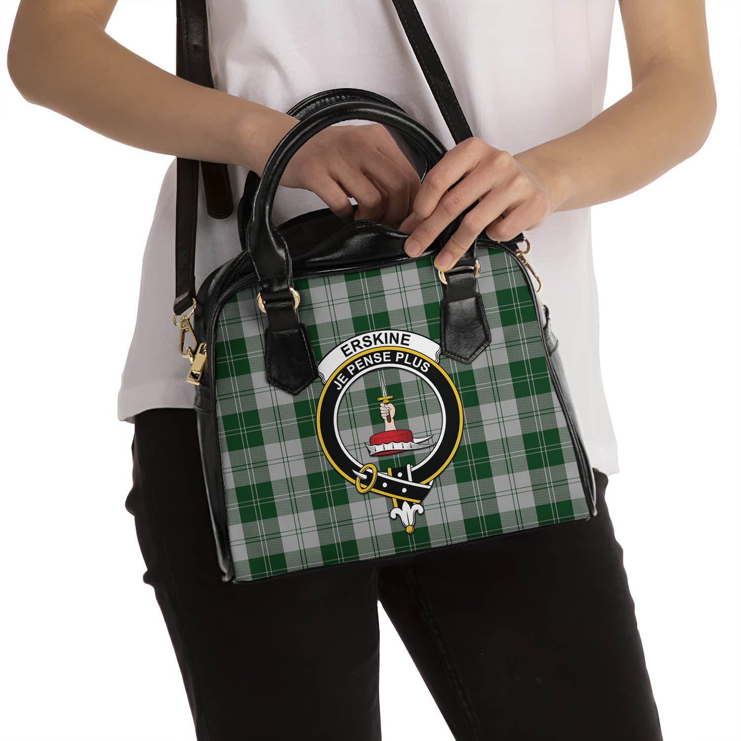 Erskine Green Tartan Shoulder Handbags with Family Crest - Tartanvibesclothing