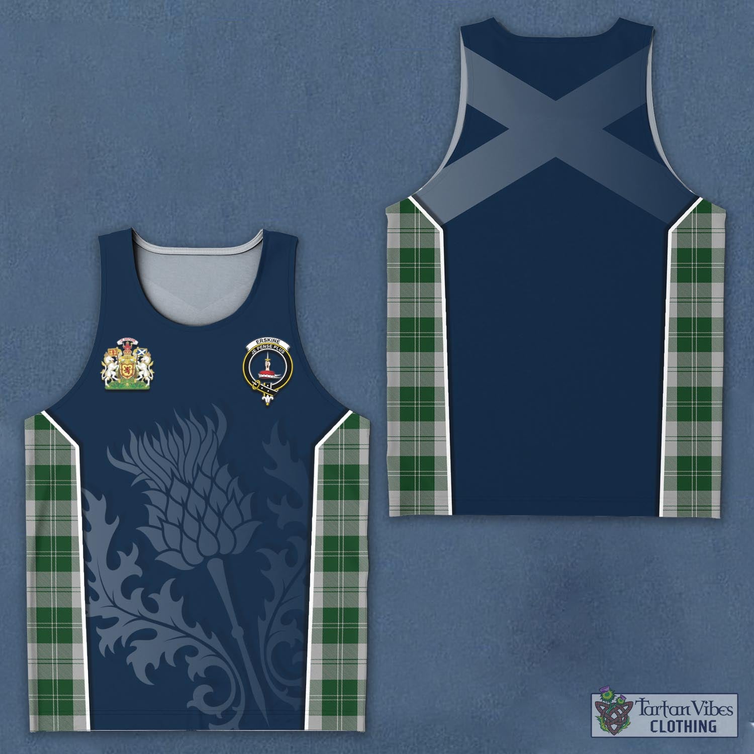 Tartan Vibes Clothing Erskine Green Tartan Men's Tanks Top with Family Crest and Scottish Thistle Vibes Sport Style