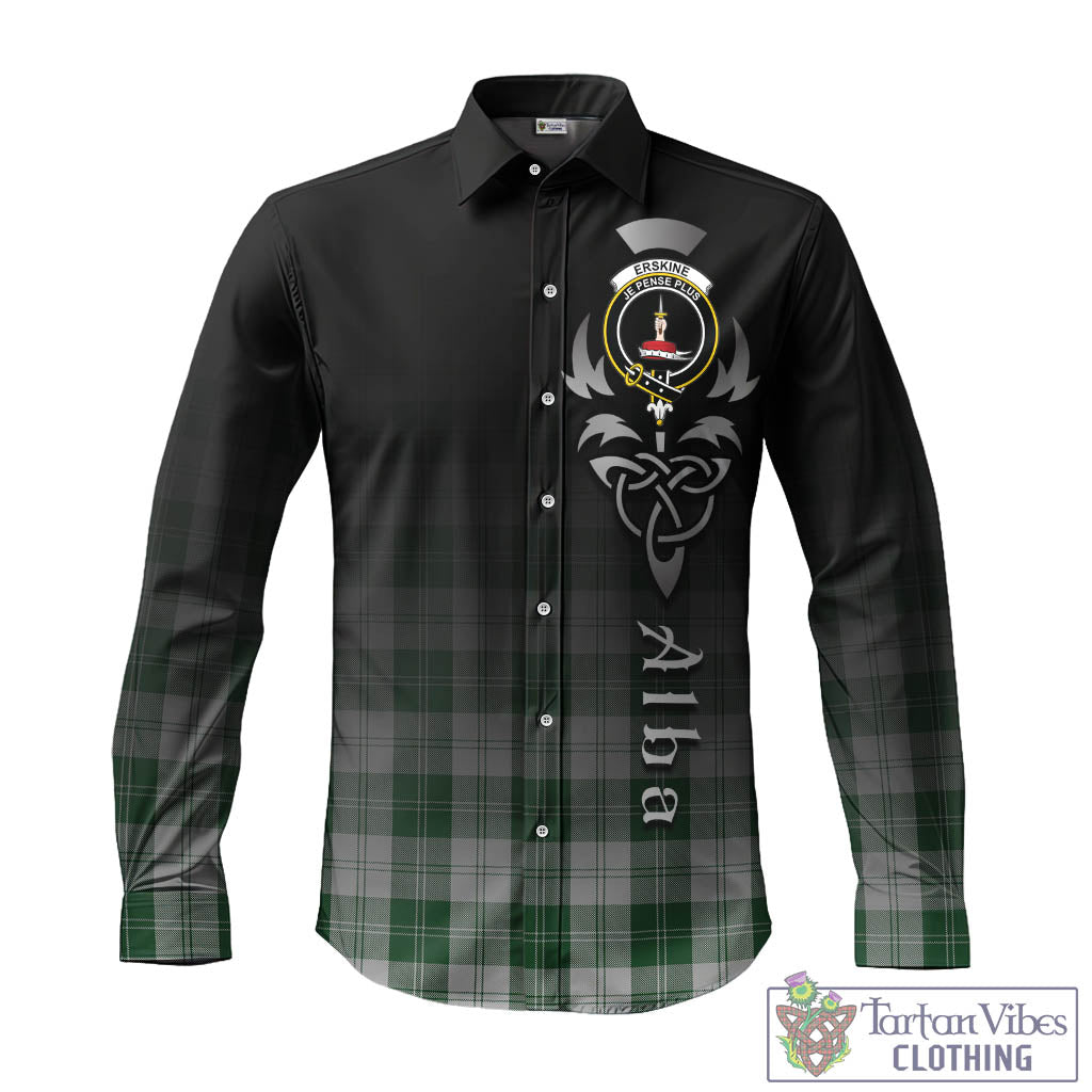 Tartan Vibes Clothing Erskine Green Tartan Long Sleeve Button Up Featuring Alba Gu Brath Family Crest Celtic Inspired