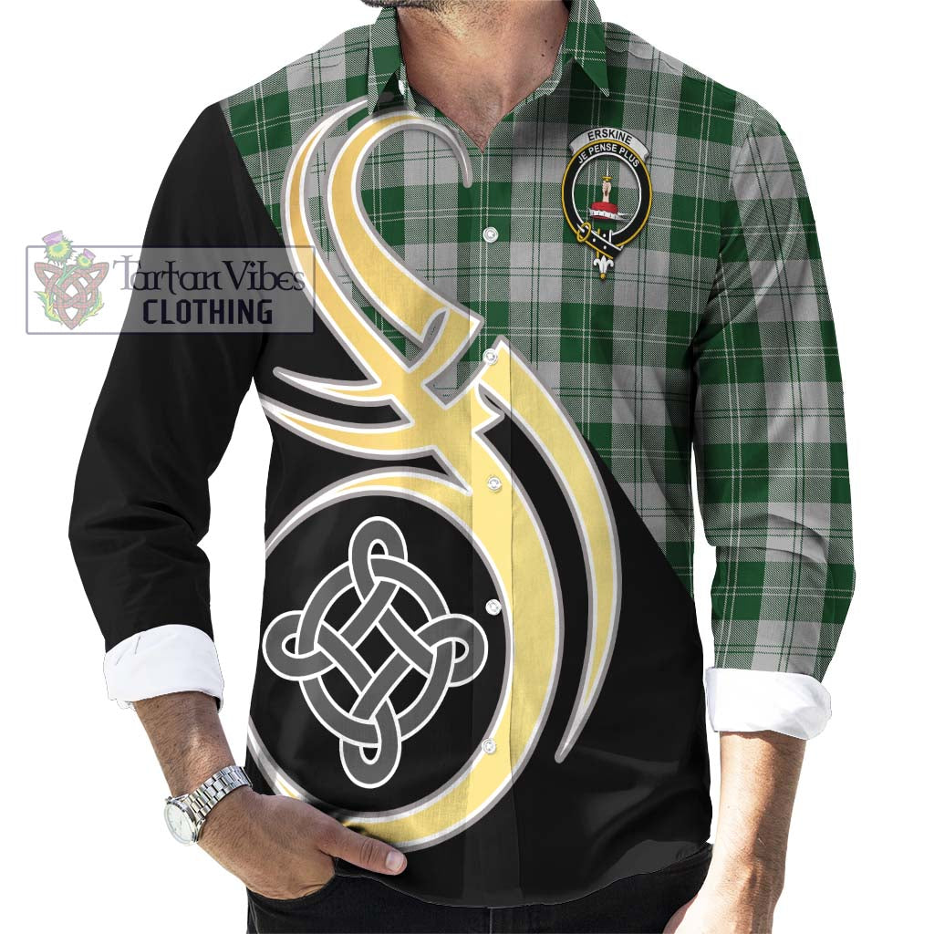 Erskine Green Tartan Long Sleeve Button Shirt with Family Crest and Celtic Symbol Style - Tartan Vibes Clothing