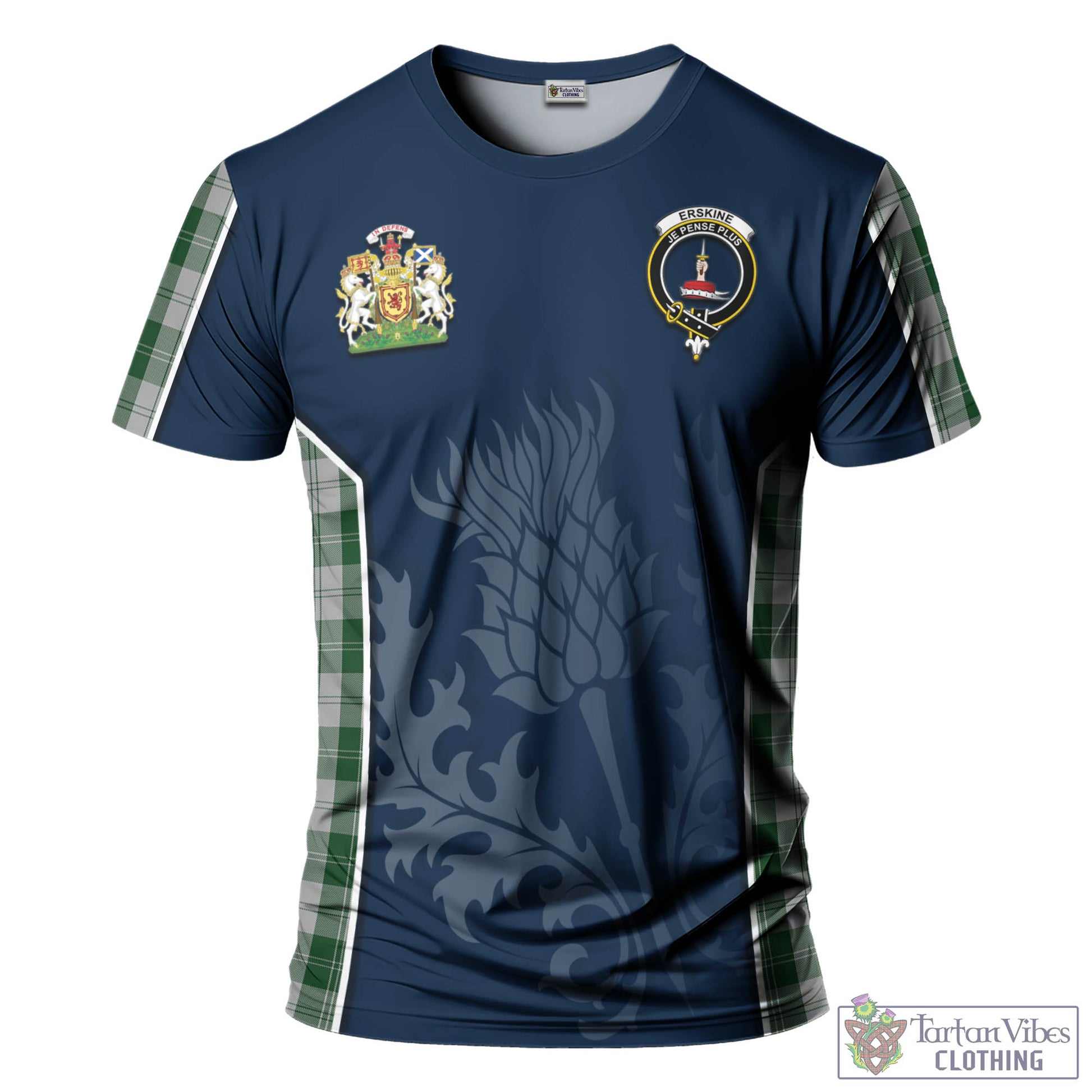 Tartan Vibes Clothing Erskine Green Tartan T-Shirt with Family Crest and Scottish Thistle Vibes Sport Style