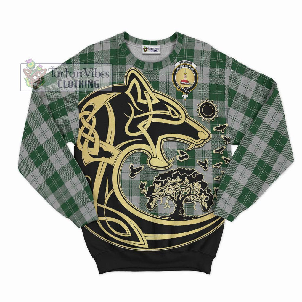 Erskine Green Tartan Sweatshirt with Family Crest Celtic Wolf Style - Tartan Vibes Clothing