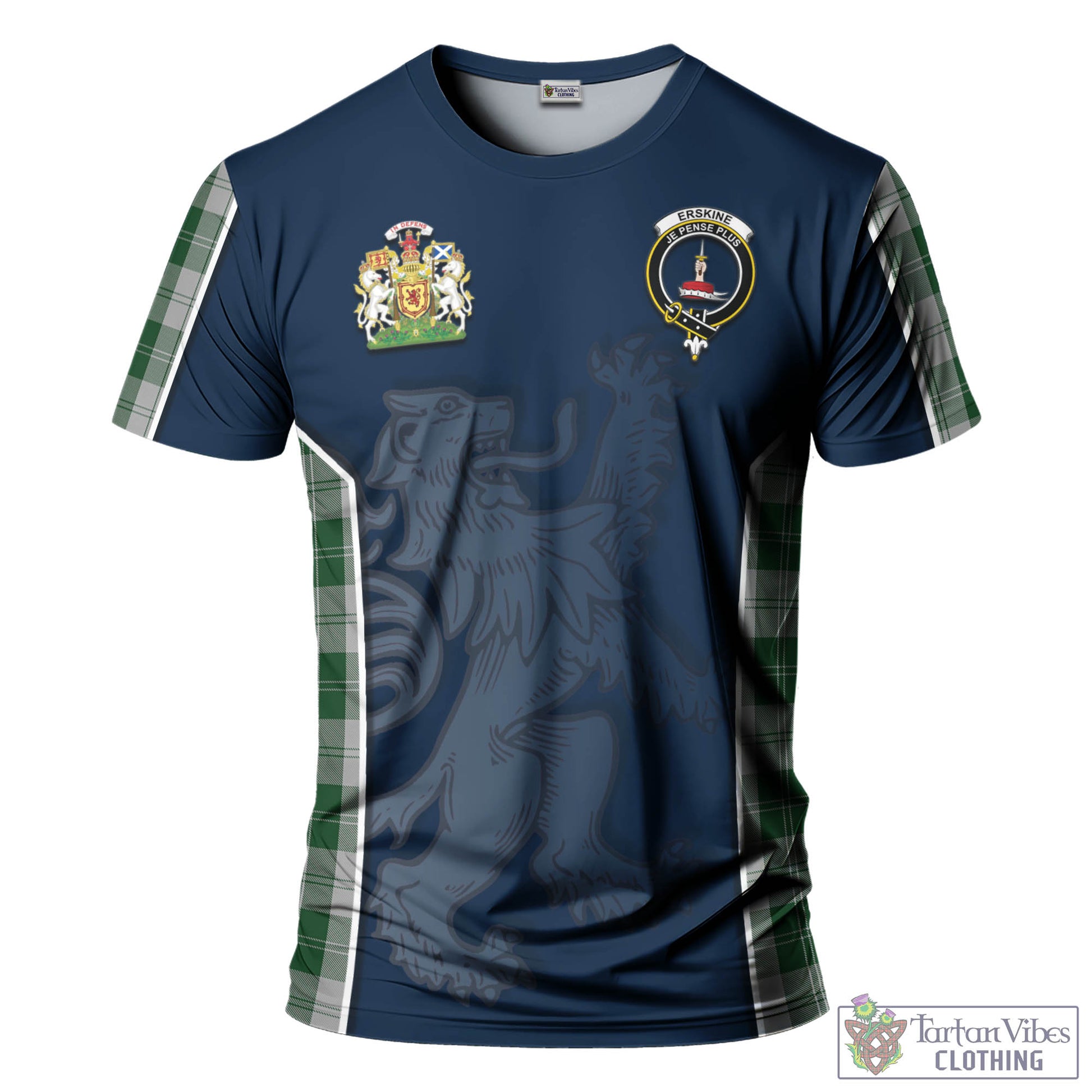 Tartan Vibes Clothing Erskine Green Tartan T-Shirt with Family Crest and Lion Rampant Vibes Sport Style