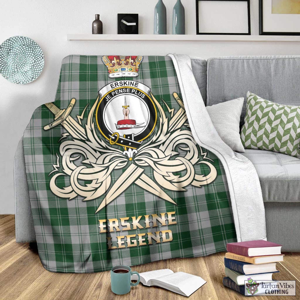 Tartan Vibes Clothing Erskine Green Tartan Blanket with Clan Crest and the Golden Sword of Courageous Legacy