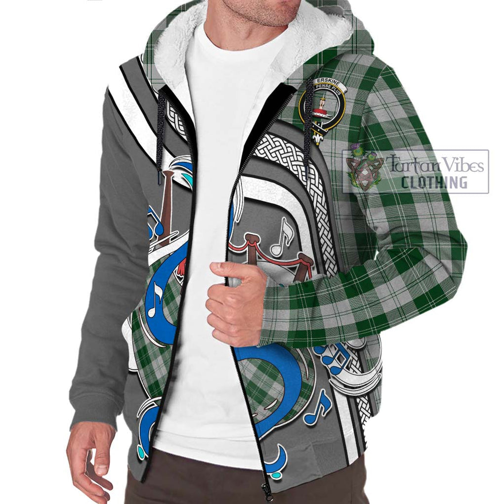 Erskine Green Tartan Sherpa Hoodie with Epic Bagpipe Style Unisex - Tartanvibesclothing Shop