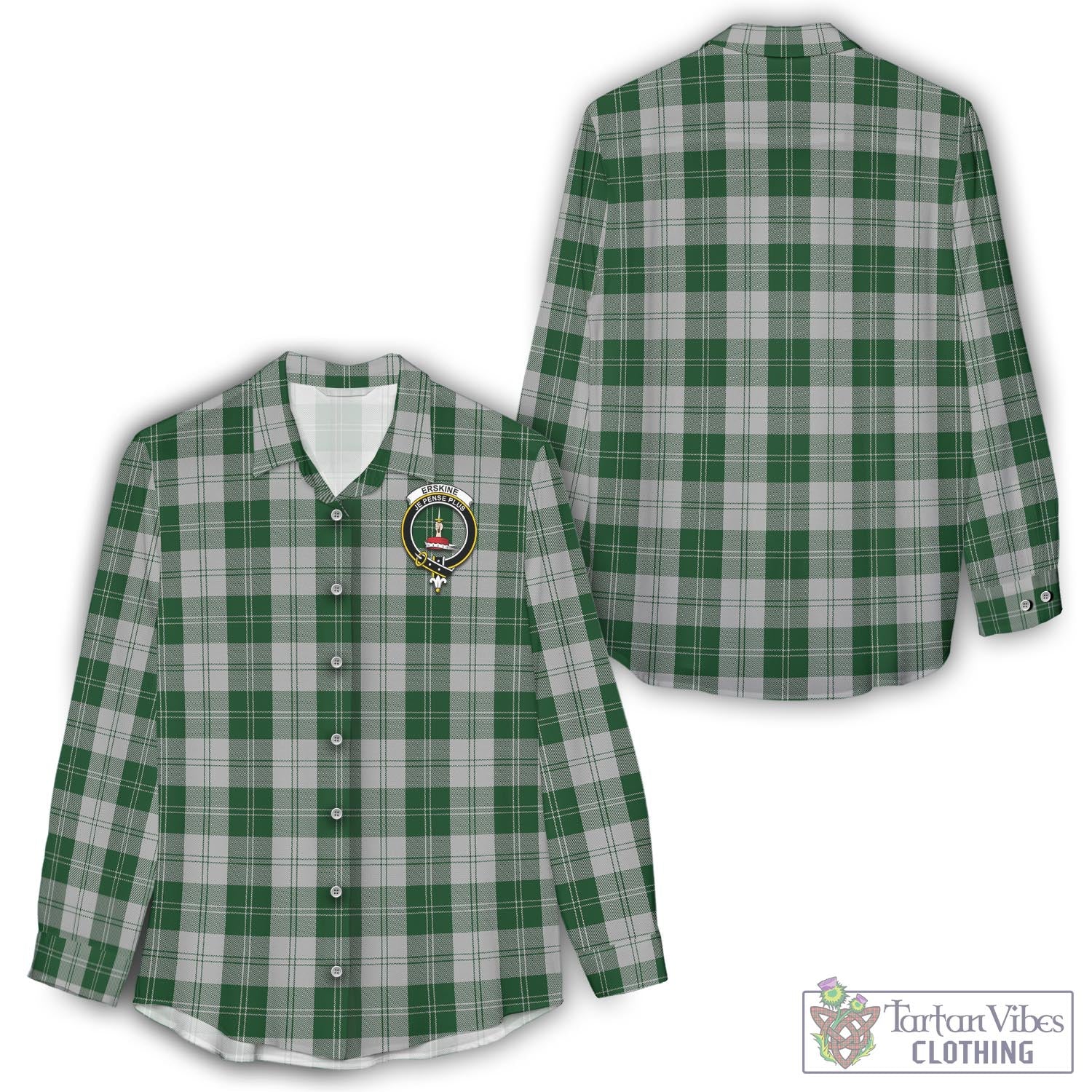 Tartan Vibes Clothing Erskine Green Tartan Womens Casual Shirt with Family Crest