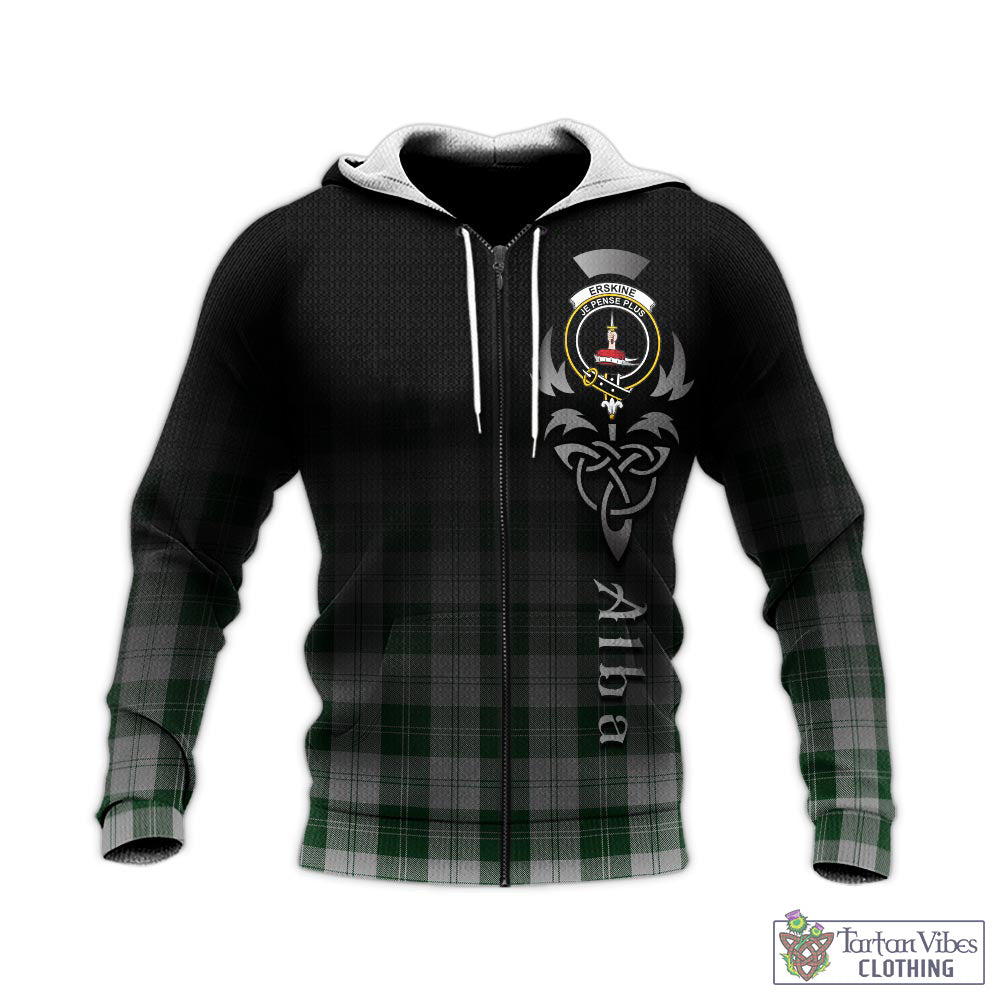 Tartan Vibes Clothing Erskine Green Tartan Knitted Hoodie Featuring Alba Gu Brath Family Crest Celtic Inspired