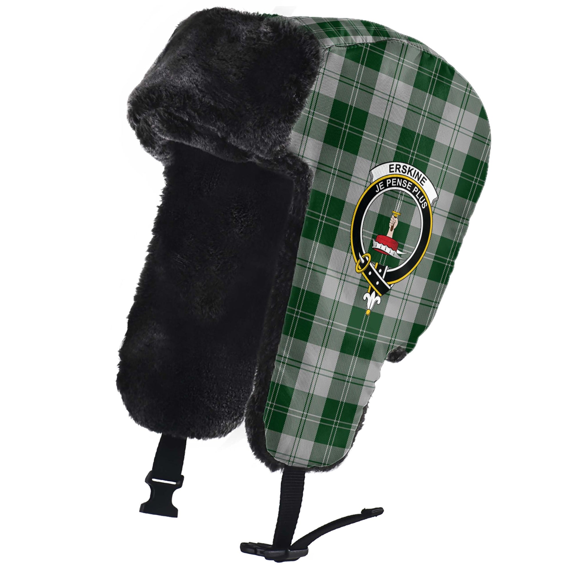 Erskine Green Tartan Winter Trapper Hat with Family Crest - Tartanvibesclothing