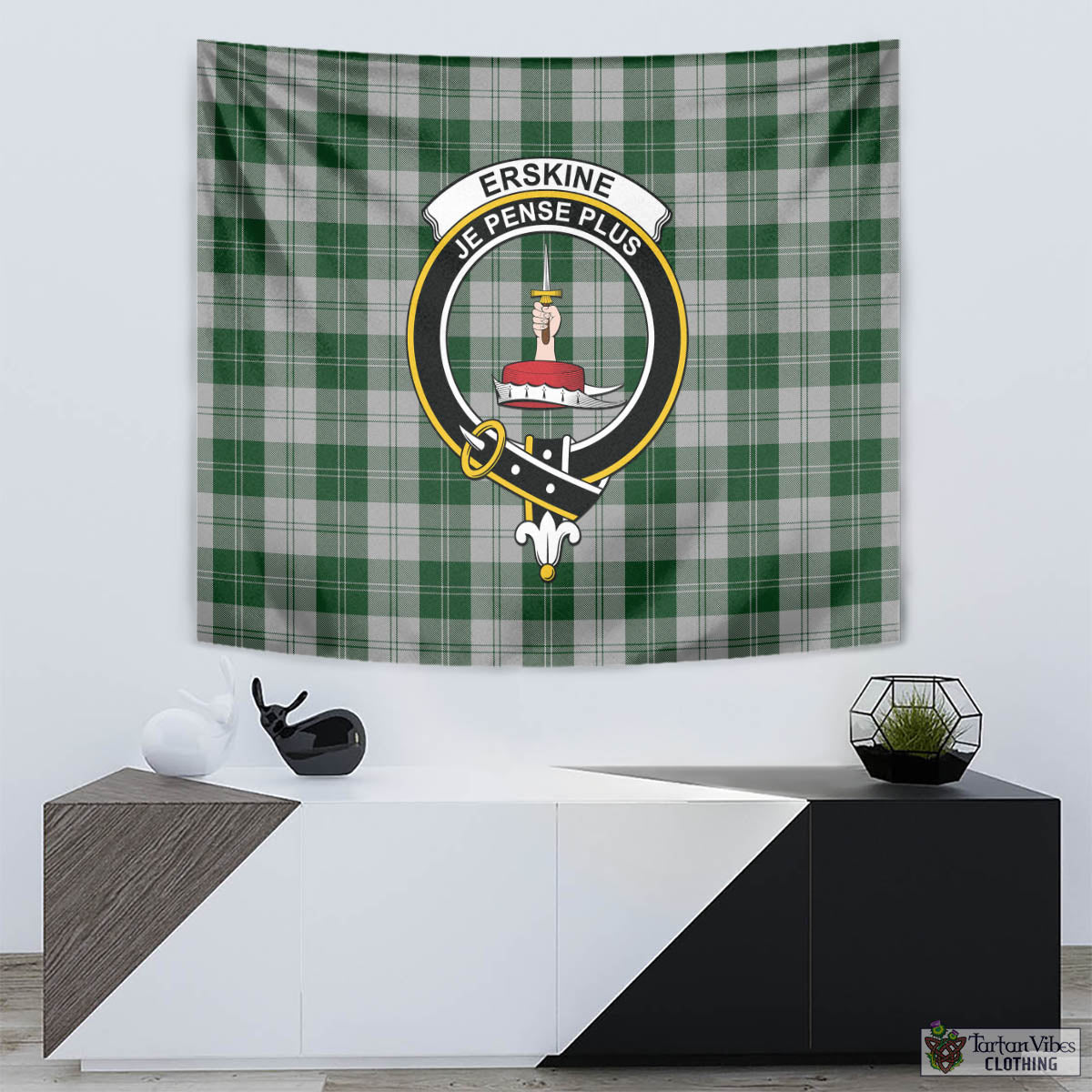 Tartan Vibes Clothing Erskine Green Tartan Tapestry Wall Hanging and Home Decor for Room with Family Crest