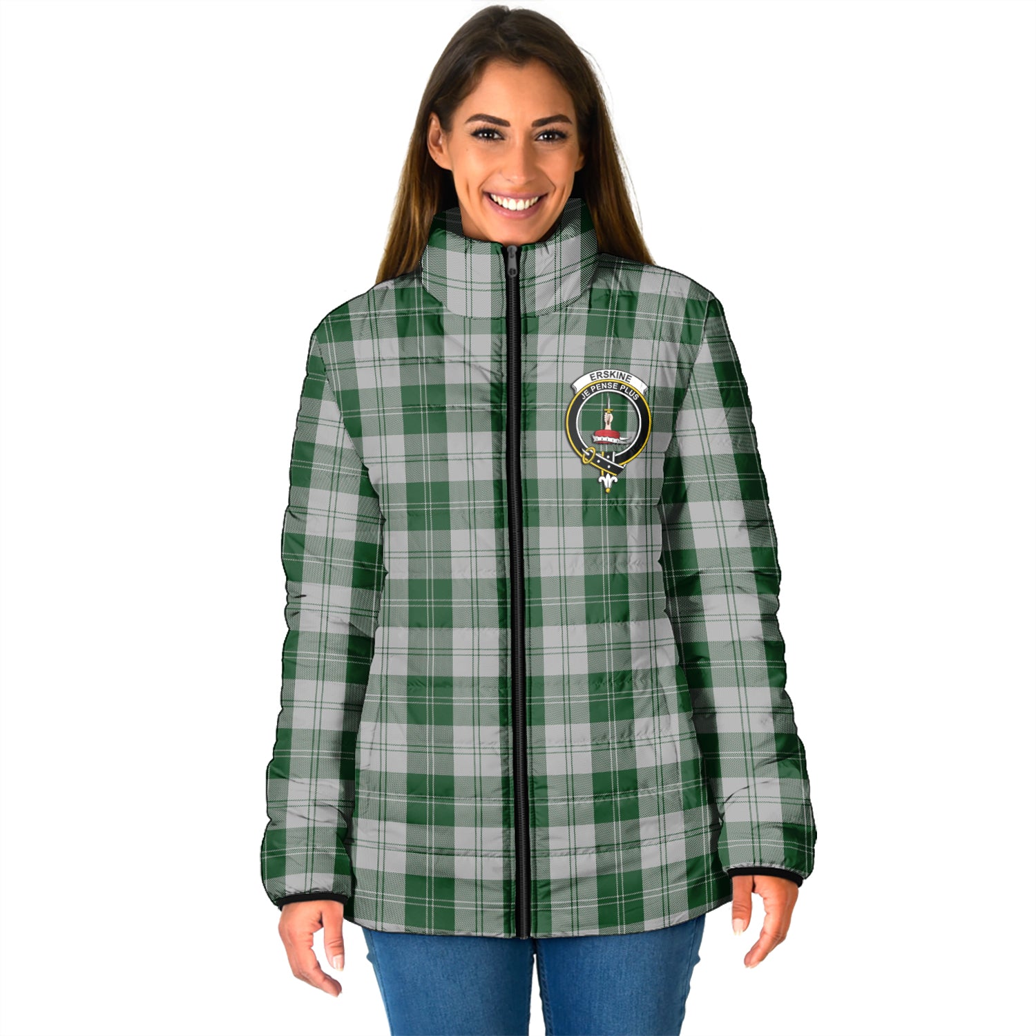 Erskine Green Tartan Padded Jacket with Family Crest - Tartan Vibes Clothing