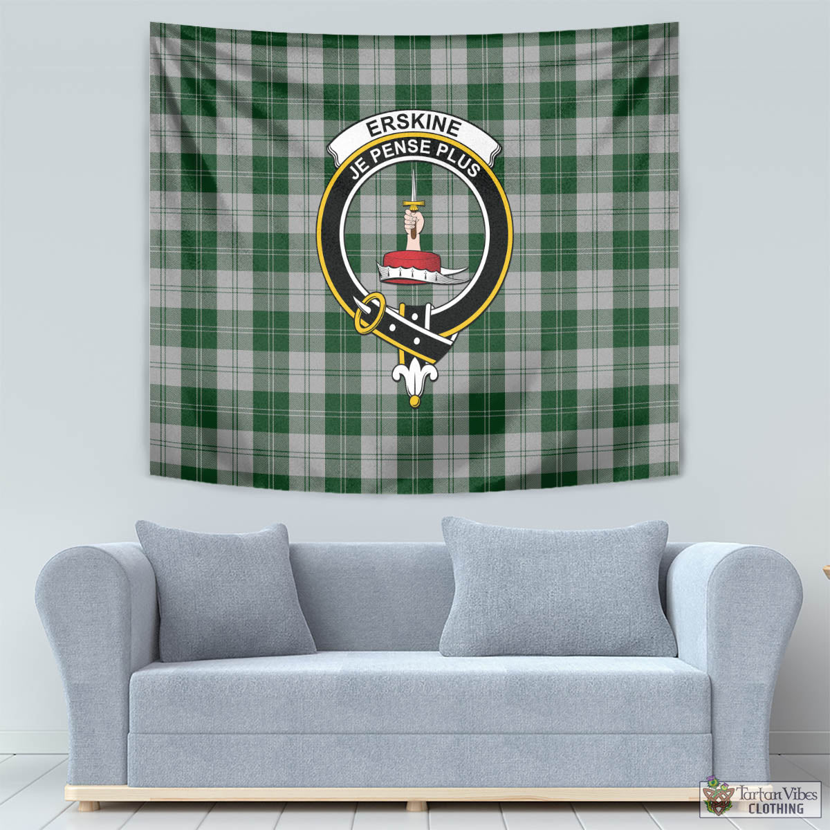 Tartan Vibes Clothing Erskine Green Tartan Tapestry Wall Hanging and Home Decor for Room with Family Crest