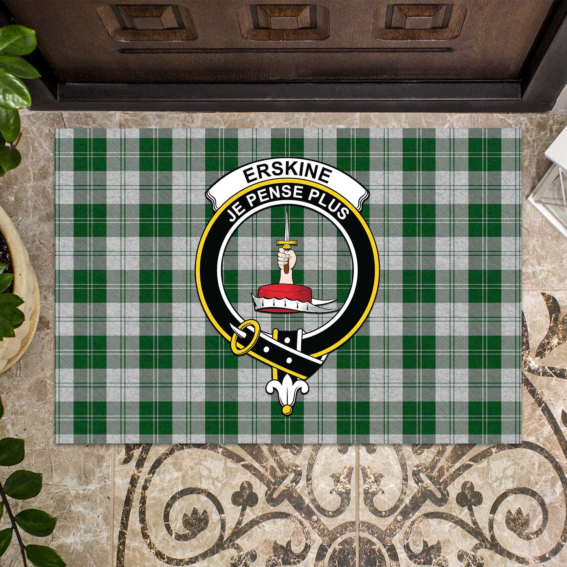 Erskine Green Tartan Door Mat with Family Crest - Tartanvibesclothing