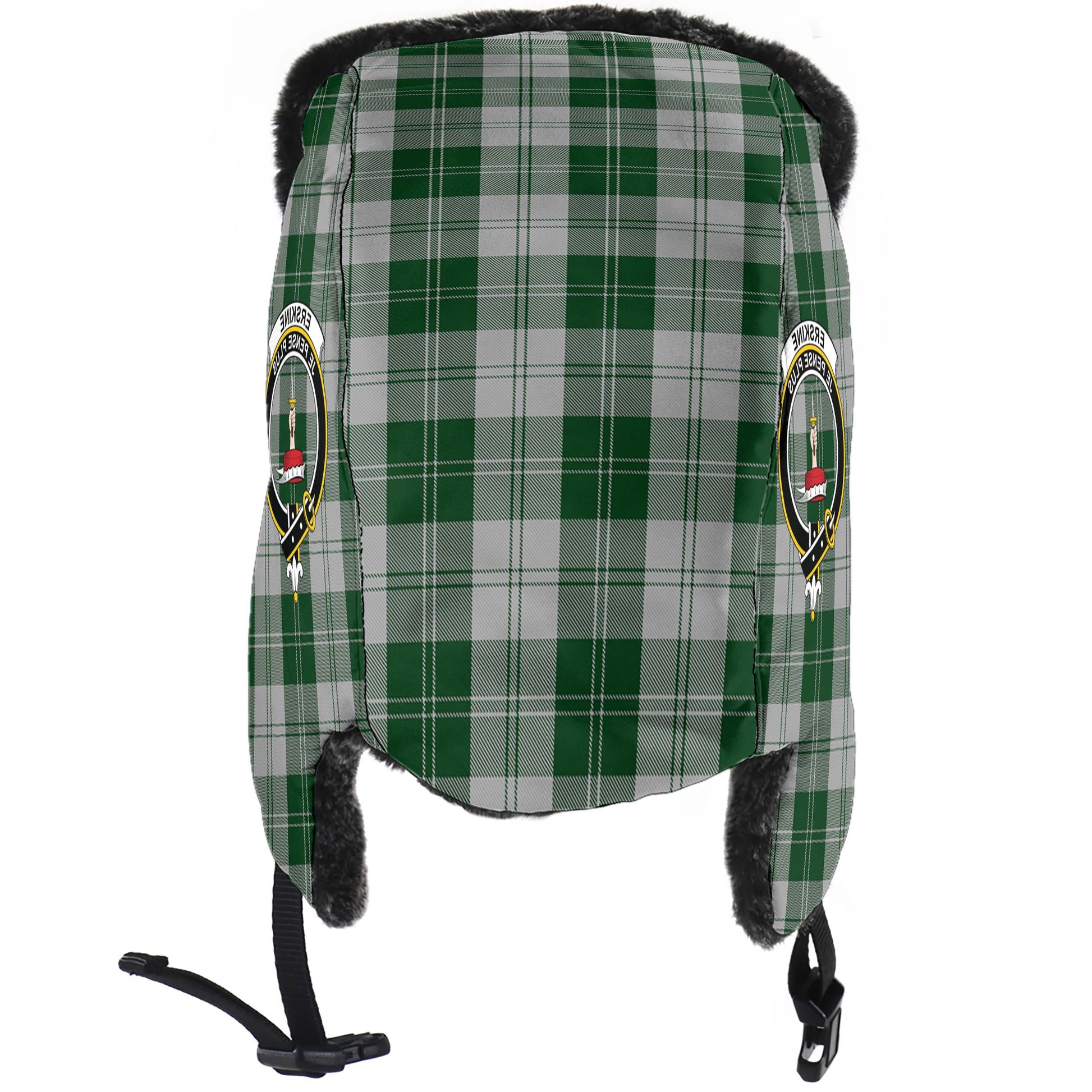 Erskine Green Tartan Winter Trapper Hat with Family Crest - Tartanvibesclothing