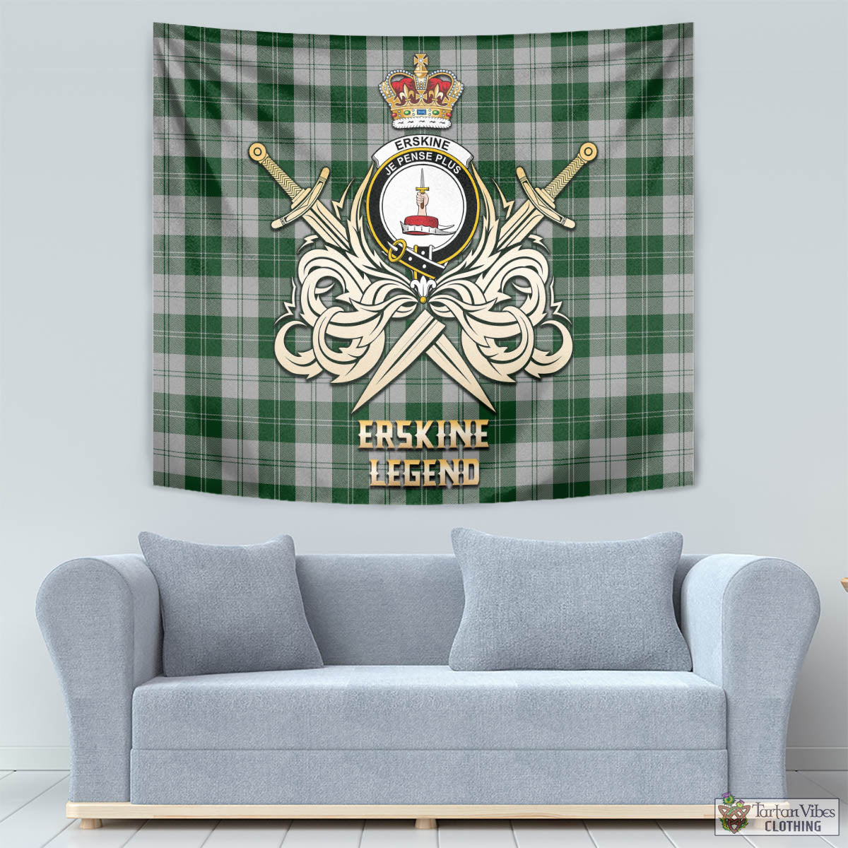 Tartan Vibes Clothing Erskine Green Tartan Tapestry with Clan Crest and the Golden Sword of Courageous Legacy